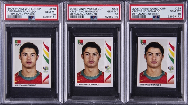2006 Panini World Cup Lot of Three (3) Germany Sticker #298 Cristiano Ronaldo - PSA GEM MT 10